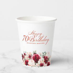 Gobelets En Papier 70e Anniversaire de fête Rouge Rose Peony Personna