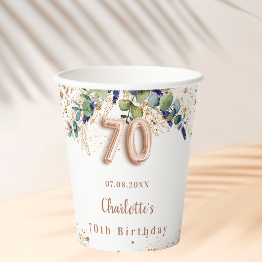 Gobelets En Papier 70e anniversaire eucalyptus vert nom de la parties