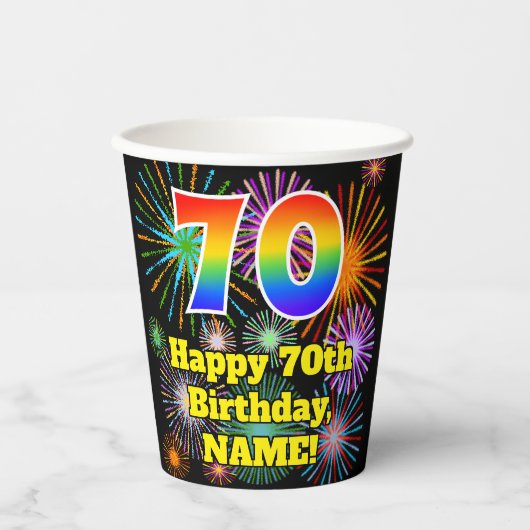 Gobelets En Papier 70e anniversaire : Fun Motif Fireworks + Rainbow 7 (Recto)