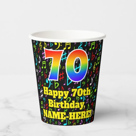 Gobelets En Papier 70e anniversaire : Fun Music Notes Motif, Rainbow (Recto)