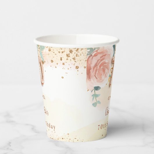 Gobelets En Papier 70e anniversaire rose or floraux élégant (Gauche)