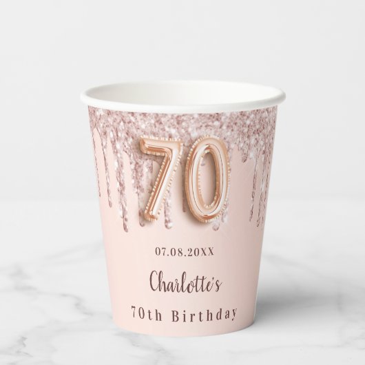 Gobelets En Papier 70e anniversaire rose parties scintillant or goutt (Verso)