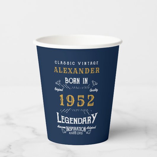 Gobelets En Papier 70th Birthday 1952 Blue Gold Ajouter le nom Retro (Recto)