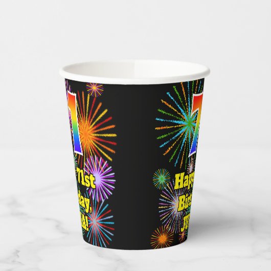 Gobelets En Papier 71e anniversaire : Fun Motif Fireworks + Rainbow 7 (Gauche)