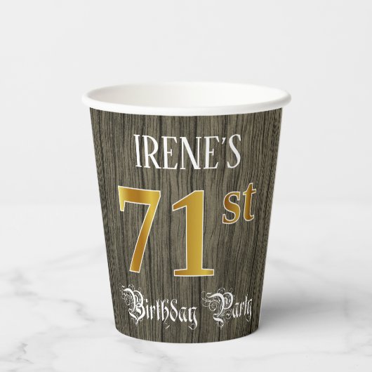 Gobelets En Papier 71e fête d'anniversaire — Faux Gold & Faux Wood Lo (Verso)