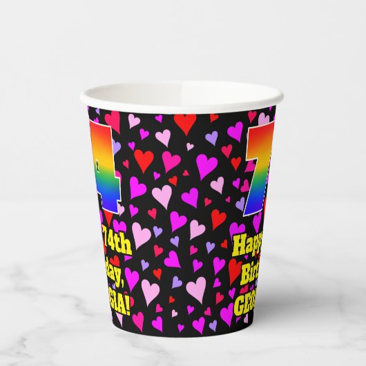 Gobelets En Papier 74e anniversaire : Amour Hearts Motif, Arc-en-ciel (Gauche)