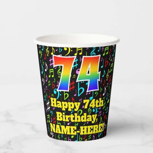 Gobelets En Papier 74th Birthday : Fun Music Notes Motif, Rainbow 74 (Verso)