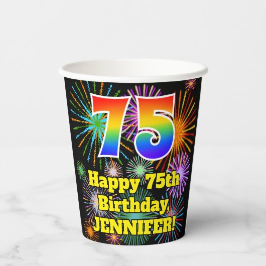 Gobelets En Papier 75e anniversaire : Fun Fireworks Motif + Rainbow 7 (Verso)