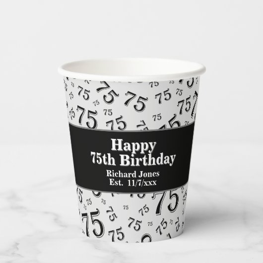 Gobelets En Papier 75e Joyeux anniversaire noir/blanc Motif numérique (Verso)