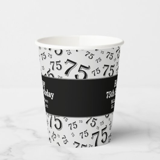 Gobelets En Papier 75e Joyeux anniversaire noir/blanc Motif numérique (Gauche)