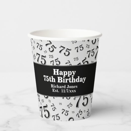 Gobelets En Papier 75e Joyeux anniversaire noir/blanc Motif numérique (Recto)