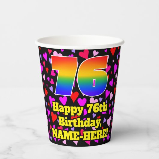 Gobelets En Papier 76e anniversaire : Amour Hearts Motif, Arc-en-ciel (Verso)