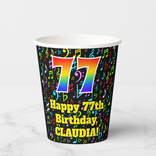 Gobelets En Papier 77e anniversaire : Fun Music Notes Motif, Rainbow (Recto)