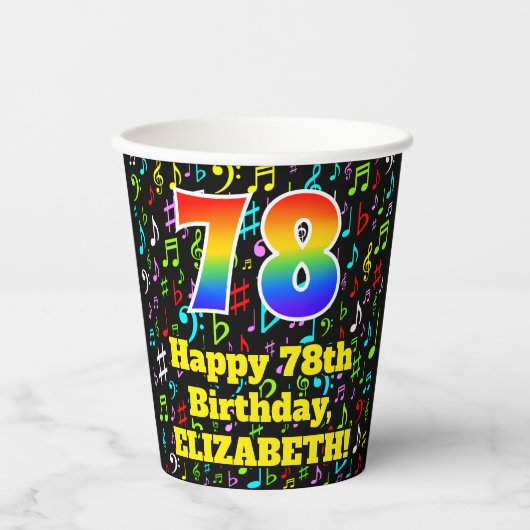 Gobelets En Papier 78e anniversaire : Fun Music Notes Motif, Rainbow (Recto)