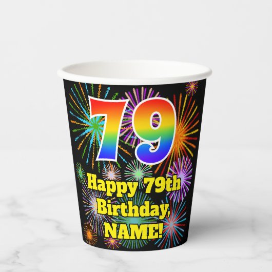 Gobelets En Papier 79e anniversaire : Fun Fireworks Motif + Rainbow 7 (Recto)