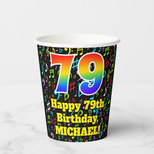 Gobelets En Papier 79e anniversaire : Fun Music Notes Motif, Rainbow (Verso)