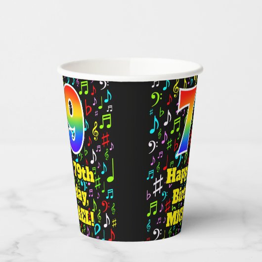 Gobelets En Papier 79e anniversaire : Fun Music Notes Motif, Rainbow (Gauche)