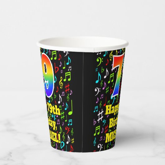 Gobelets En Papier 79e anniversaire : Fun Music Notes Motif, Rainbow (Droite)