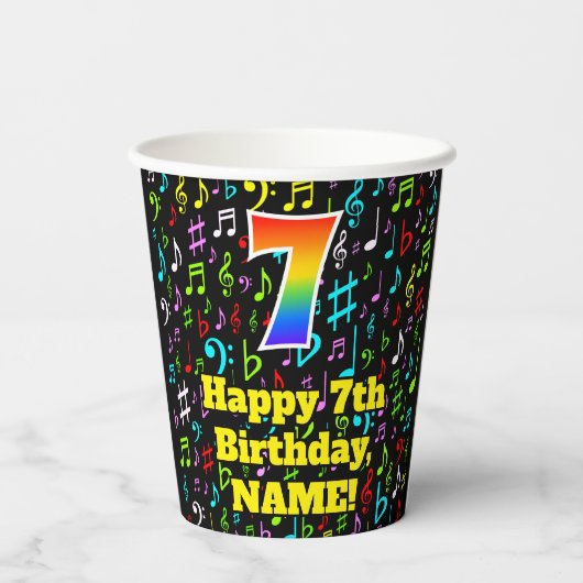 Gobelets En Papier 7e anniversaire : Fun Music Notes Motif, Rainbow 7 (Verso)