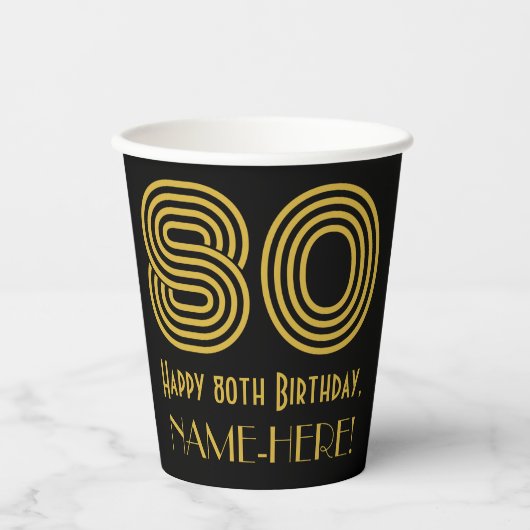 Gobelets En Papier 80e anniversaire : Art Déco Inspiré Look "80" & No (Recto)