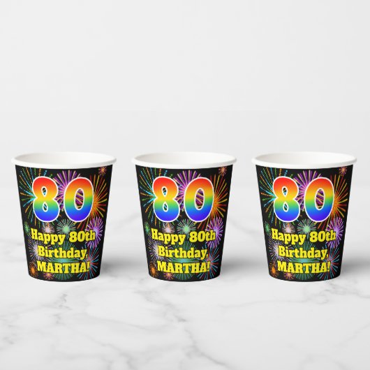 Gobelets En Papier 80e anniversaire : Fun Motif Fireworks + Rainbow 8 (Multi)