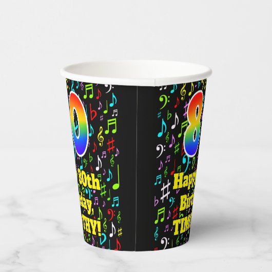 Gobelets En Papier 80e anniversaire : Fun Music Notes Motif, Arc-en-c (Droite)