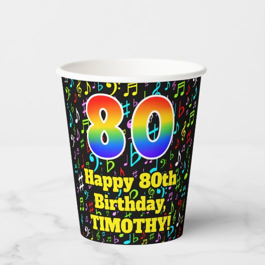 Gobelets En Papier 80e anniversaire : Fun Music Notes Motif, Arc-en-c (Recto)