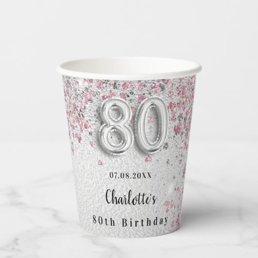Gobelets En Papier 80e anniversaire parties scintillant rose argent (Verso)