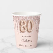 Gobelets En Papier 80e anniversaire rose gouttes d'or monogramme (Verso)
