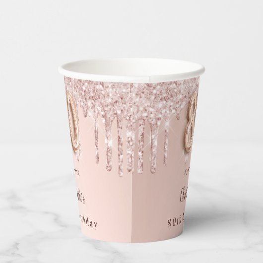 Gobelets En Papier 80e anniversaire rose gouttes d'or monogramme (Droite)