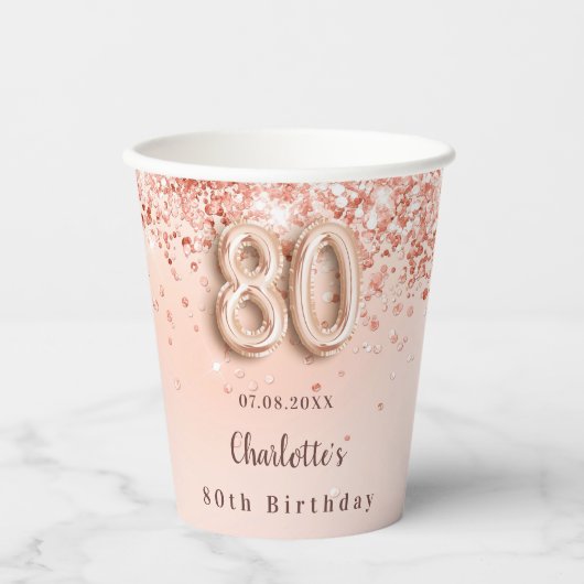 Gobelets En Papier 80e anniversaire rose or parties scintillant nom m (Recto)