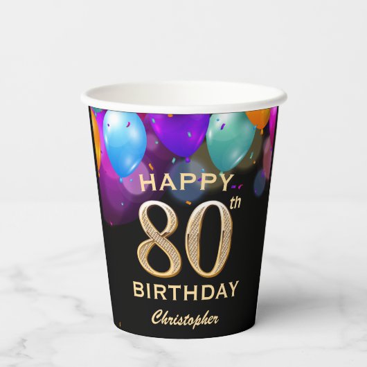 Gobelets En Papier 80e fête d'anniversaire Confetti noir et or (Verso)