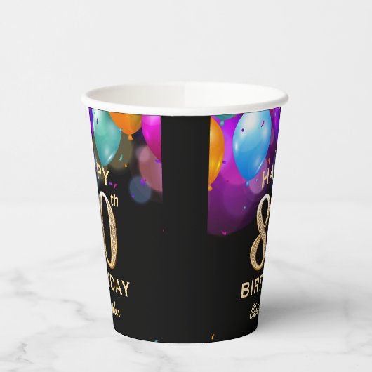 Gobelets En Papier 80e fête d'anniversaire Confetti noir et or (Gauche)