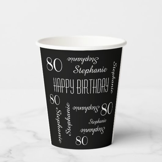 Gobelets En Papier 80e fête d'anniversaire répétée Noms noir blanc (Verso)