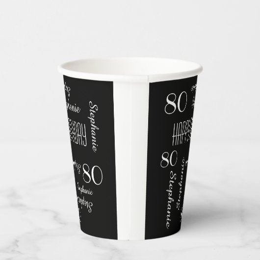Gobelets En Papier 80e fête d'anniversaire répétée Noms noir blanc (Droite)