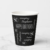 Gobelets En Papier 80e fête d'anniversaire répétée Noms noir blanc (Recto)