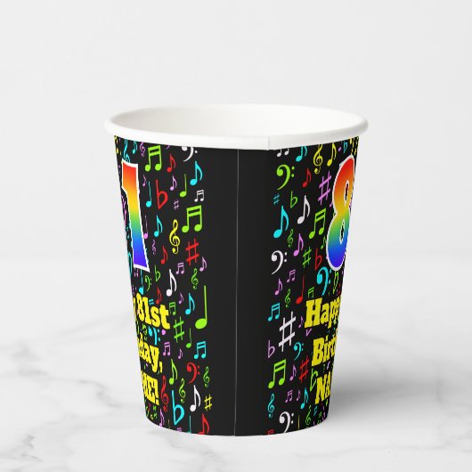 Gobelets En Papier 81e anniversaire : Fun Music Notes Motif, Rainbow  (Droite)