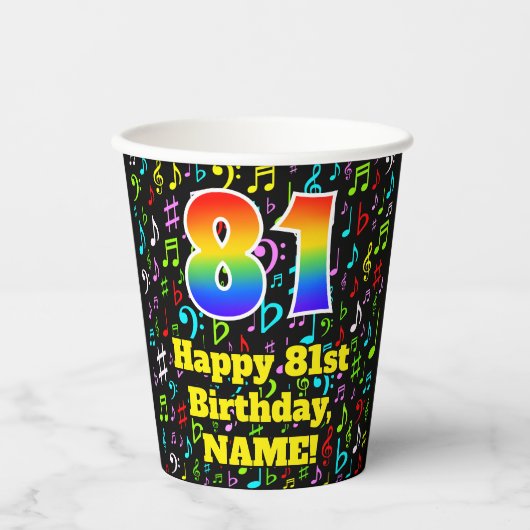 Gobelets En Papier 81e anniversaire : Fun Music Notes Motif, Rainbow  (Recto)