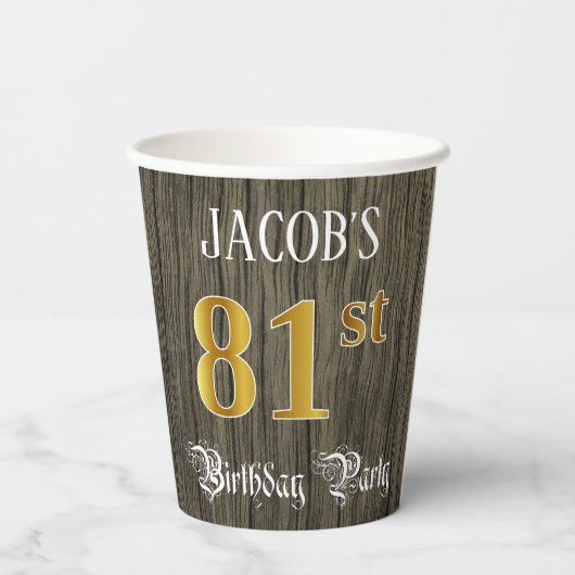 Gobelets En Papier 81e fête d'anniversaire — Faux Gold & Faux Wood Lo (Verso)