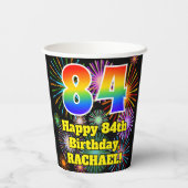 Gobelets En Papier 84ème anniversaire : Fun Fireworks Motif + Rainbow (Verso)