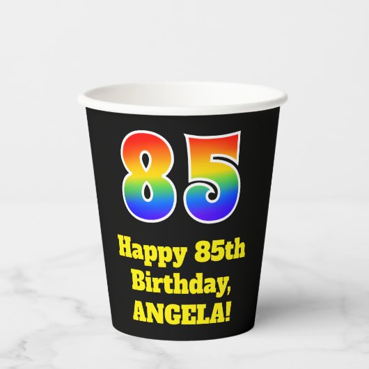 Gobelets En Papier 85e anniversaire : coloré, amusant, excitant, arc- (Recto)