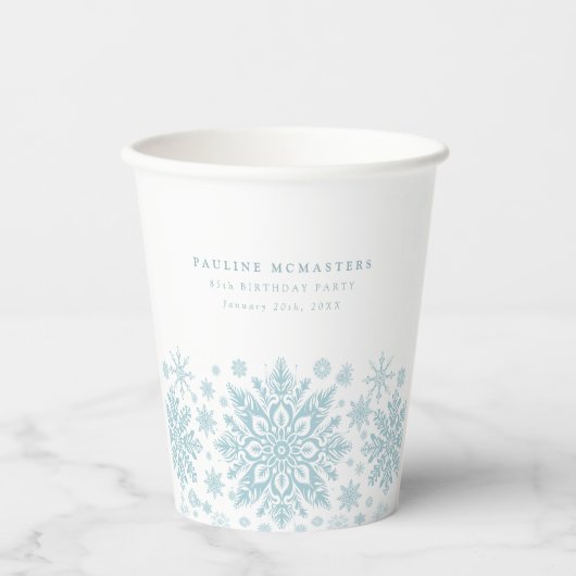 Gobelets En Papier 85e fête d'anniversaire Blue White Snowflake Custo (Recto)