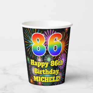 Gobelets En Papier 86ème anniversaire : Fun Fireworks Motif + Rainbow