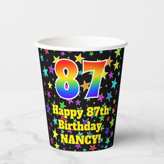Gobelets En Papier 87e anniversaire : Fun Stars Motif et Rainbow 87 (Recto)