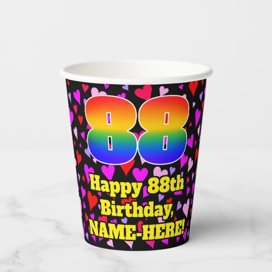 Gobelets En Papier 88e anniversaire : Amour Hearts Motif, Arc-en-ciel (Verso)