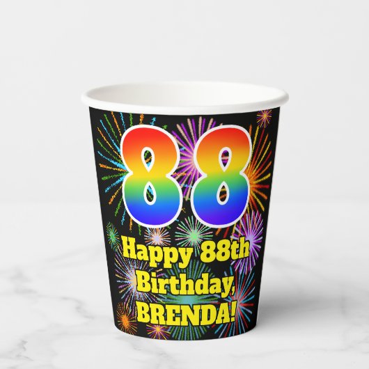 Gobelets En Papier 88e anniversaire : Fun Fireworks Motif + Rainbow 8 (Verso)