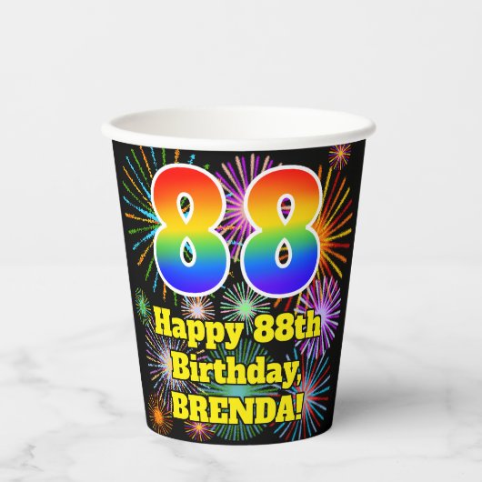 Gobelets En Papier 88e anniversaire : Fun Fireworks Motif + Rainbow 8 (Recto)