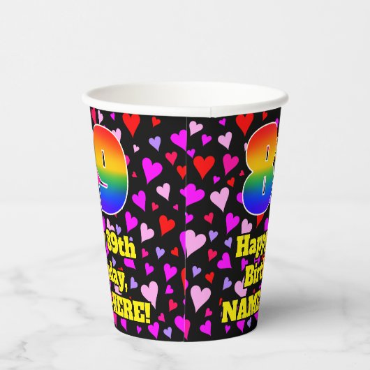 Gobelets En Papier 89e anniversaire : Amour Hearts Motif, Arc-en-ciel (Droite)