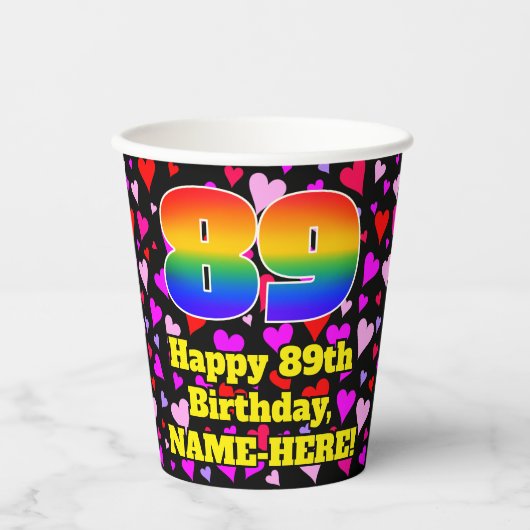 Gobelets En Papier 89e anniversaire : Amour Hearts Motif, Arc-en-ciel (Recto)