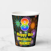 Gobelets En Papier 8e anniversaire : Fun Motif Fireworks + Rainbow 8 (Recto)